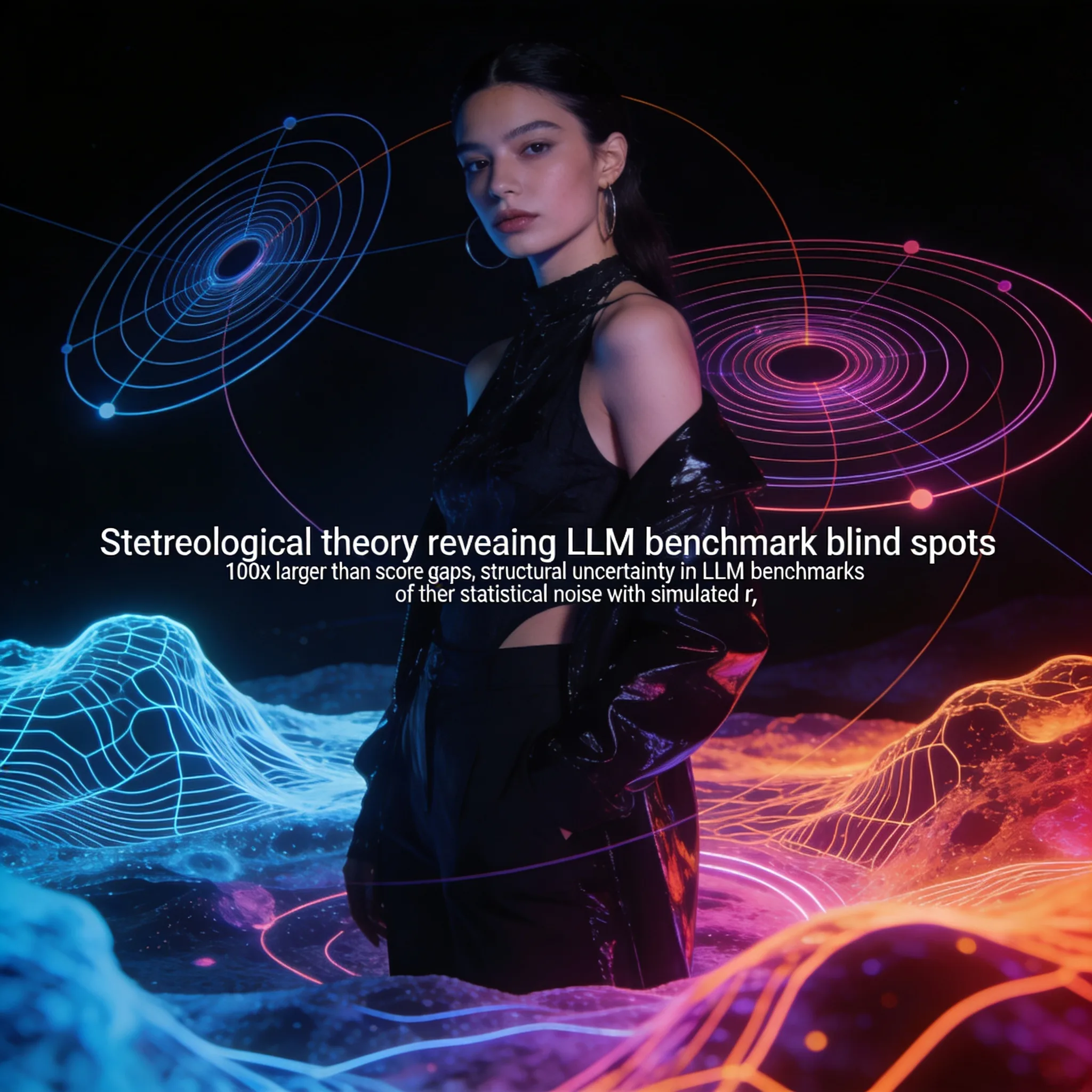 Stereological theory reveals LLM benchmark blind spots 100× larger than score gaps
