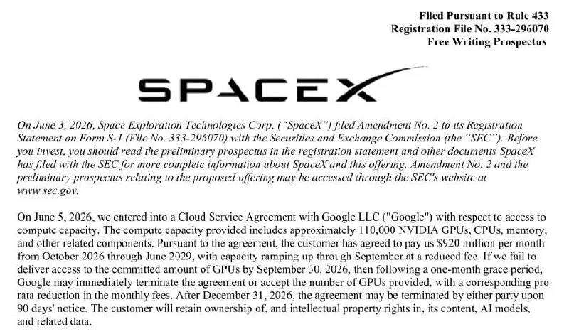 SpaceX locks in $920M monthly GPU lease from Google ahead of IPO