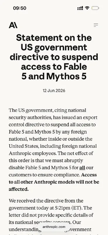 US imposes weapons-grade export controls on Anthropic's Fable 5 model