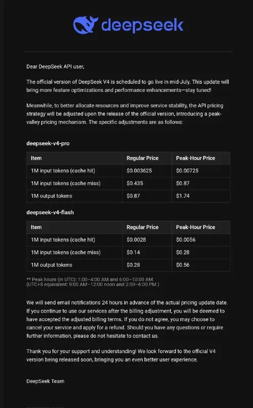 DeepSeek v4 full release set for mid-July with peak-hour pricing doubled