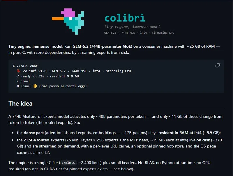 Colibri runs 744B GLM-5.2 on 25GB RAM by streaming experts from disk