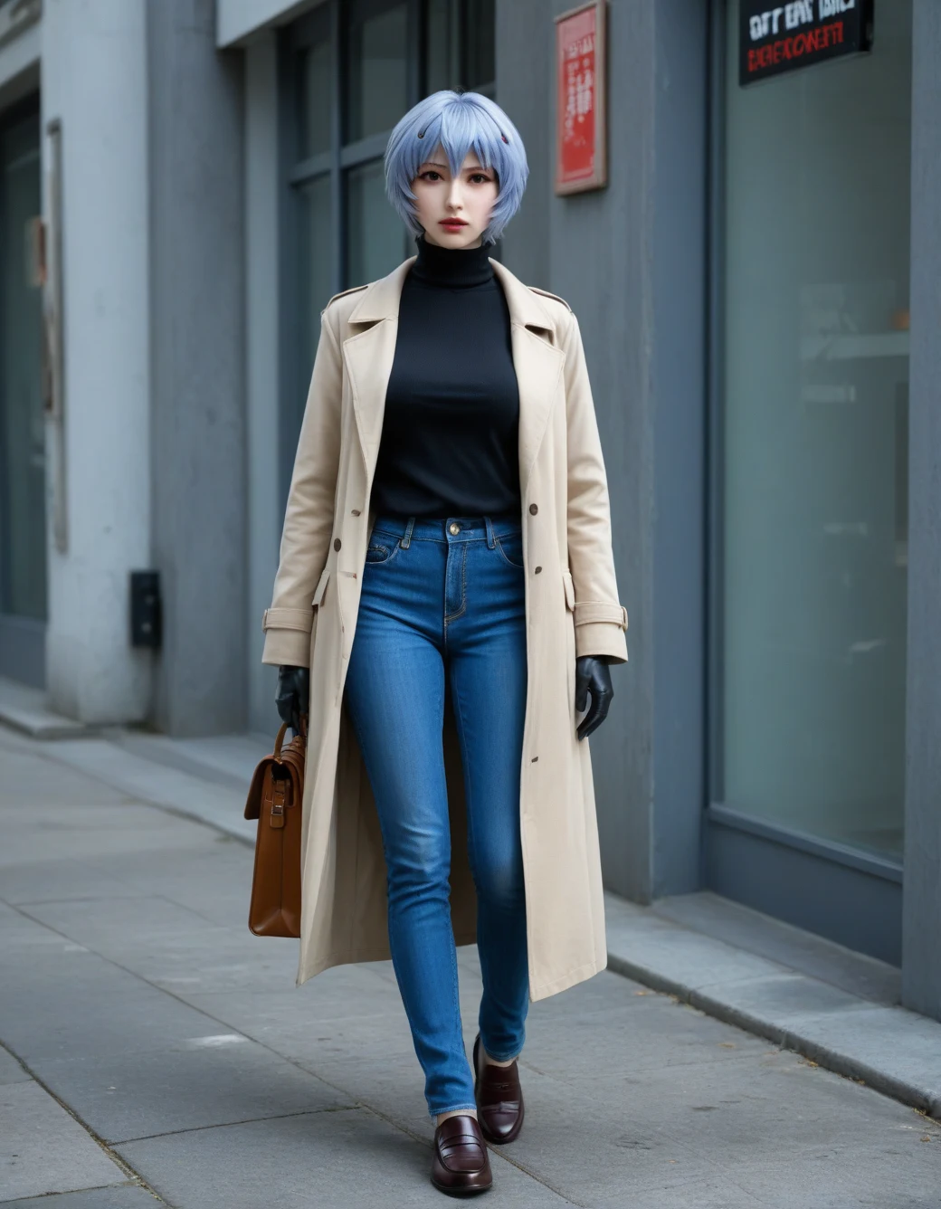 lazypos-1girl-blue-jeans-trench-coat-ddedda on CyberRealistic Pony