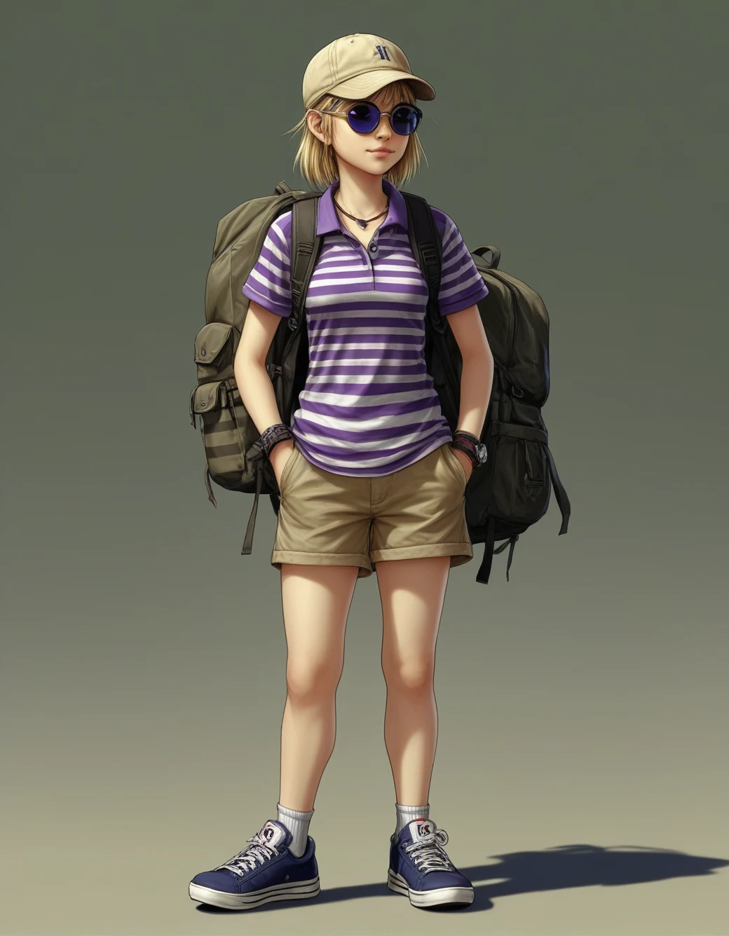 lazypos-1girl-khaki-shorts-striped-polo-4d6a7f on Art Universe