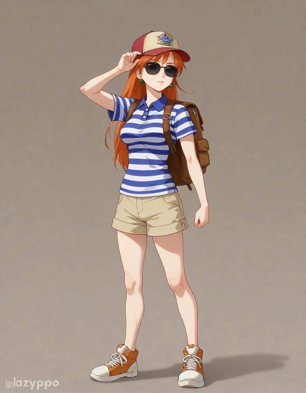 lazypos-1girl-khaki-shorts-striped-polo-4d6a7f on Copax TimeLess