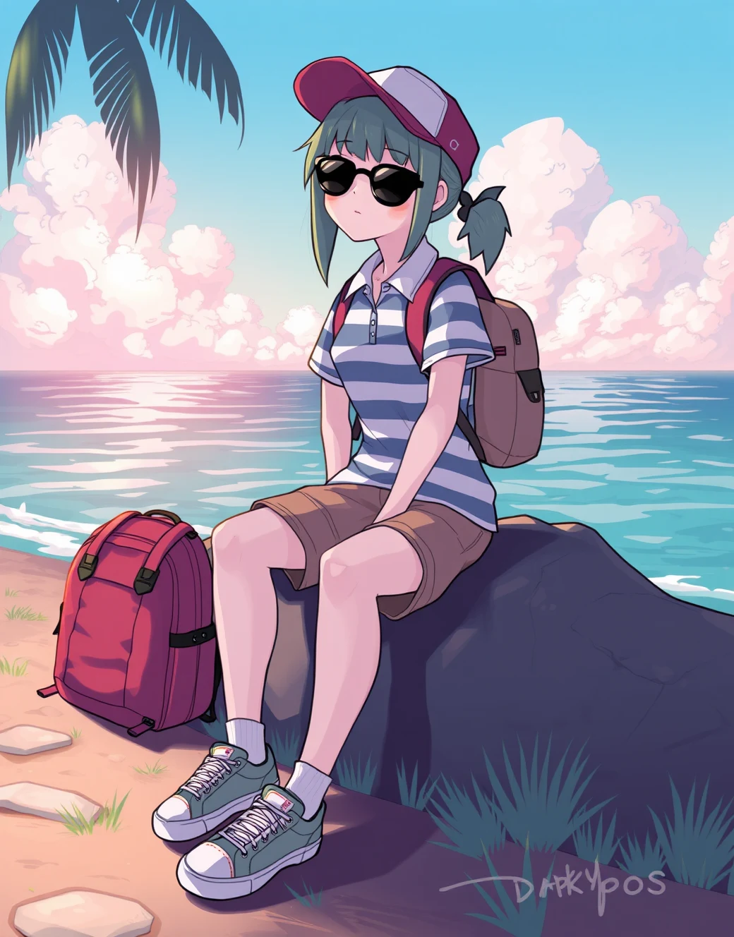 lazypos-1girl-khaki-shorts-striped-polo-4d6a7f on FLUX.1 [schnell]