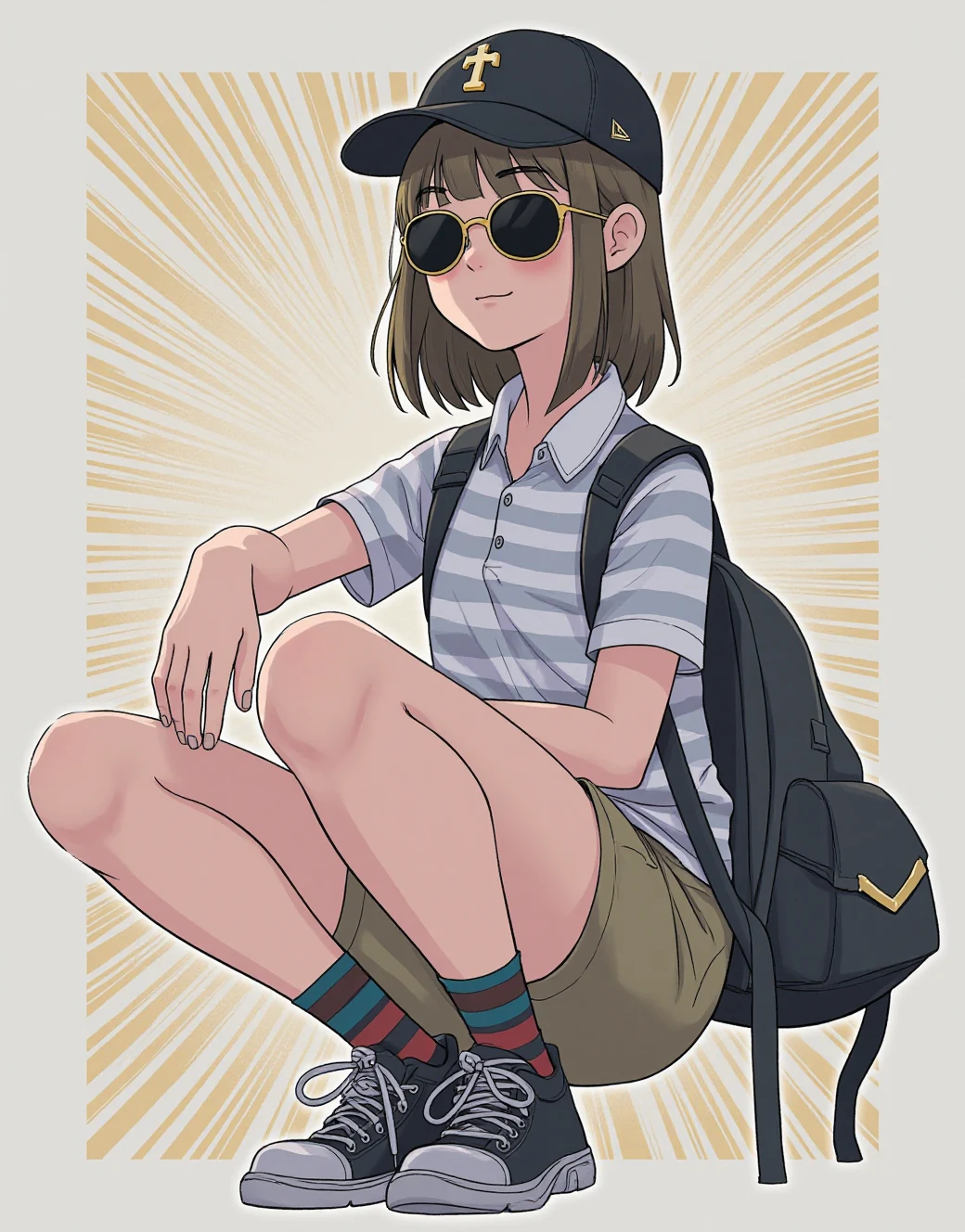 lazypos-1girl-khaki-shorts-striped-polo-4d6a7f on Jib Mix Flux