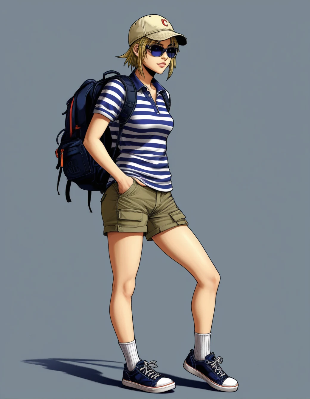 lazypos-1girl-khaki-shorts-striped-polo-4d6a7f on Jib Mix Realistic XL