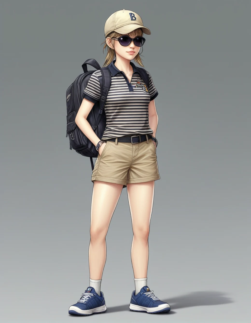 lazypos-1girl-khaki-shorts-striped-polo-4d6a7f on Juggernaut XL