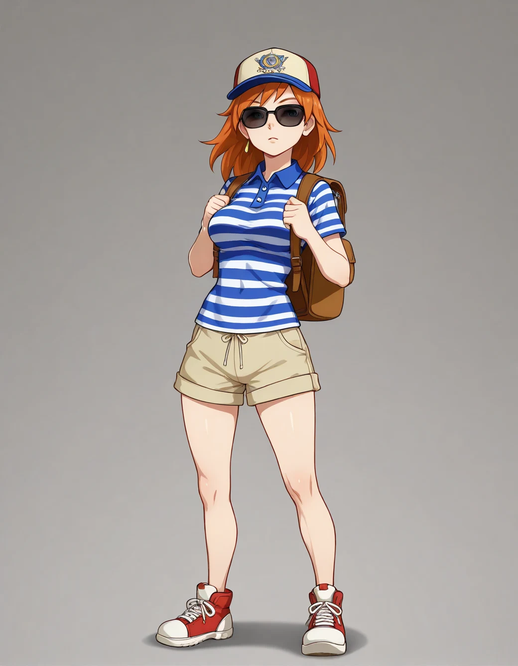 lazypos-1girl-khaki-shorts-striped-polo-4d6a7f on Nova Anime XL