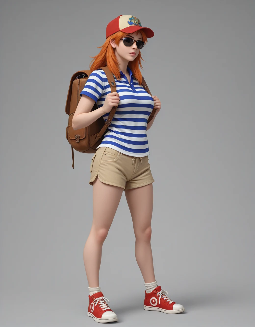 lazypos-1girl-khaki-shorts-striped-polo-4d6a7f on PerfectDeliberate