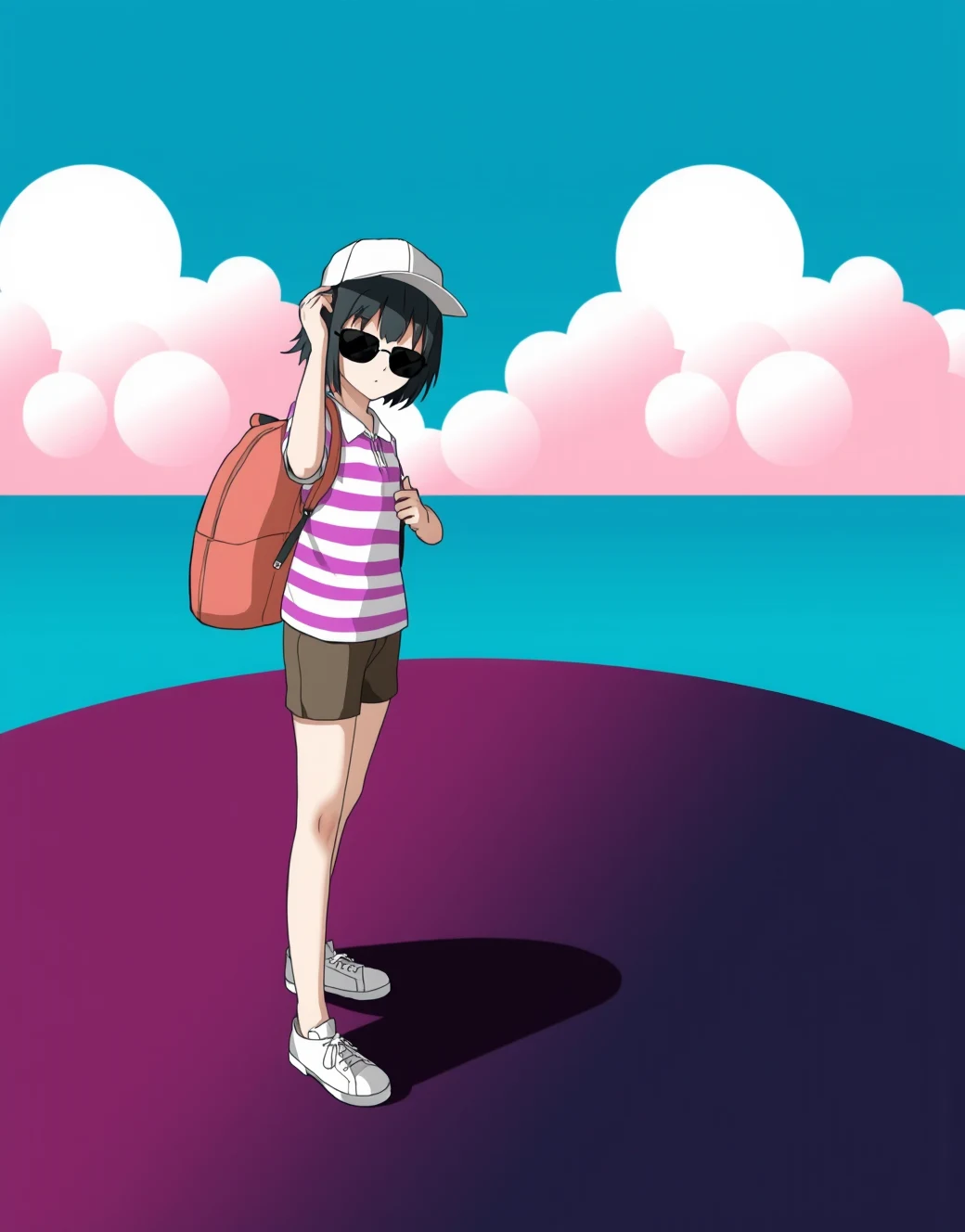 lazypos-1girl-khaki-shorts-striped-polo-4d6a7f on PixelWave