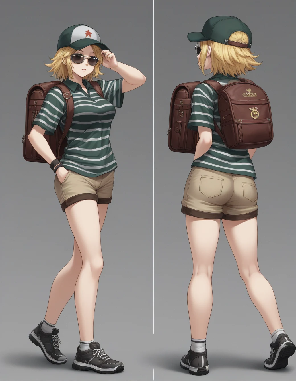 lazypos-1girl-khaki-shorts-striped-polo-4d6a7f on Prefect Pony XL