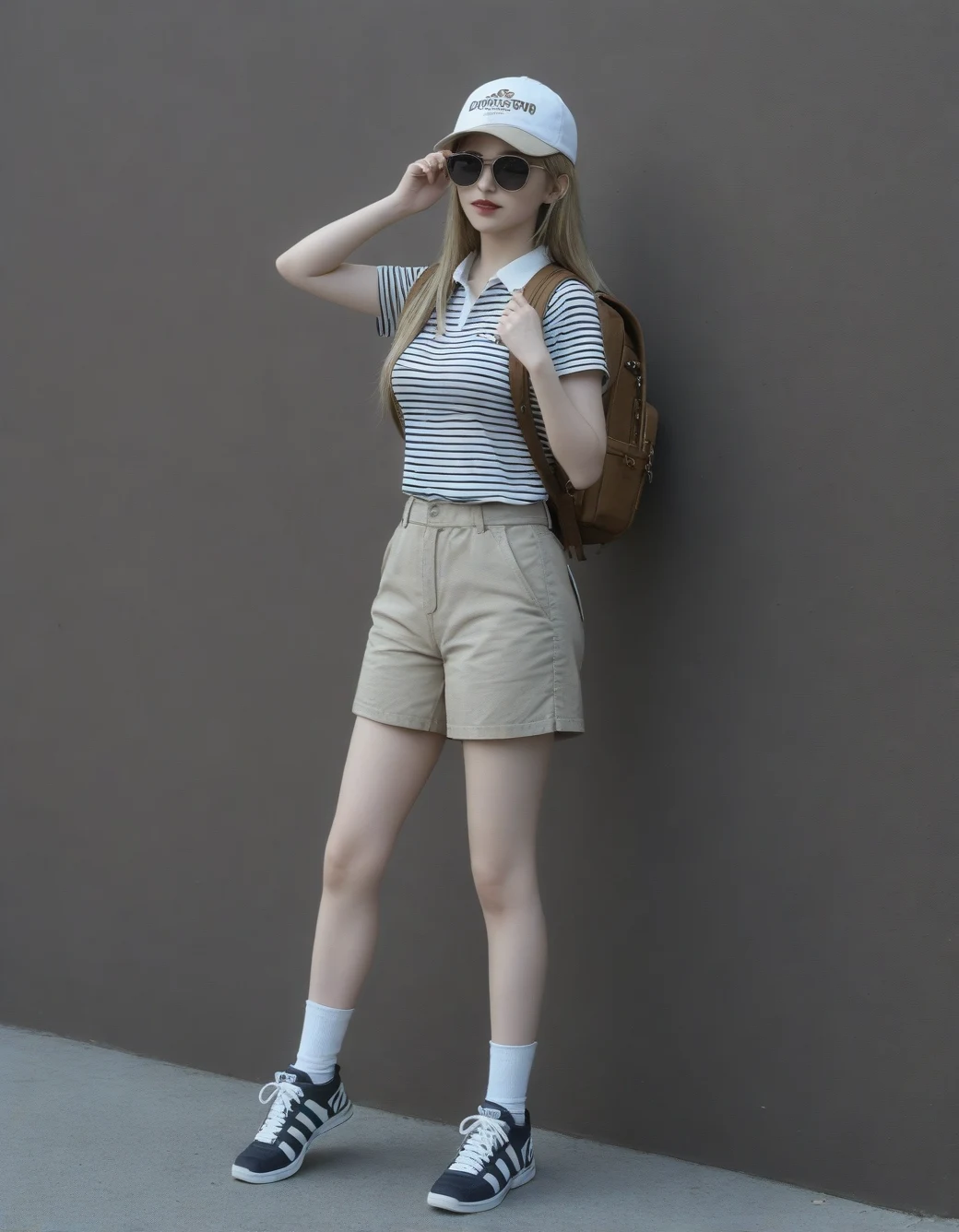lazypos-1girl-khaki-shorts-striped-polo-4d6a7f on RealMixPony
