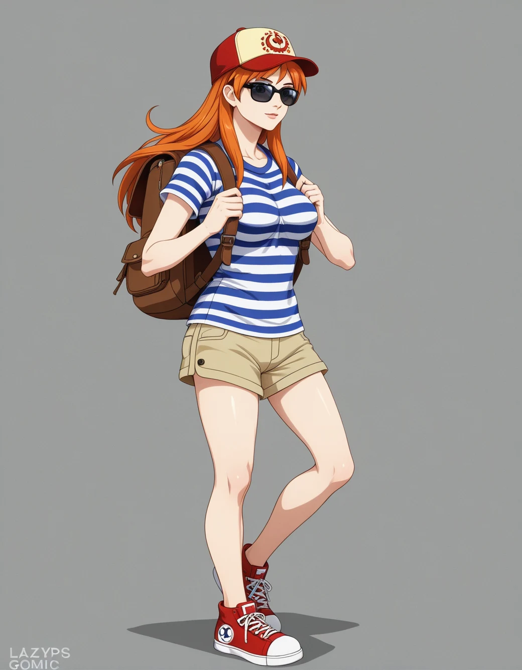lazypos-1girl-khaki-shorts-striped-polo-4d6a7f on YiffyMix