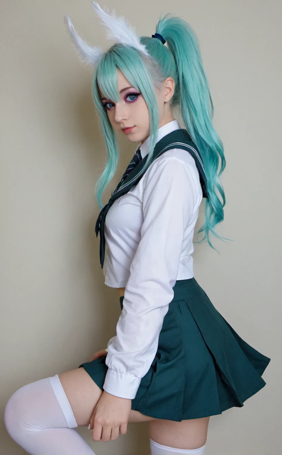 lora-white-teal-hair-high-ponytail-5713b0 on epiCRealism XL