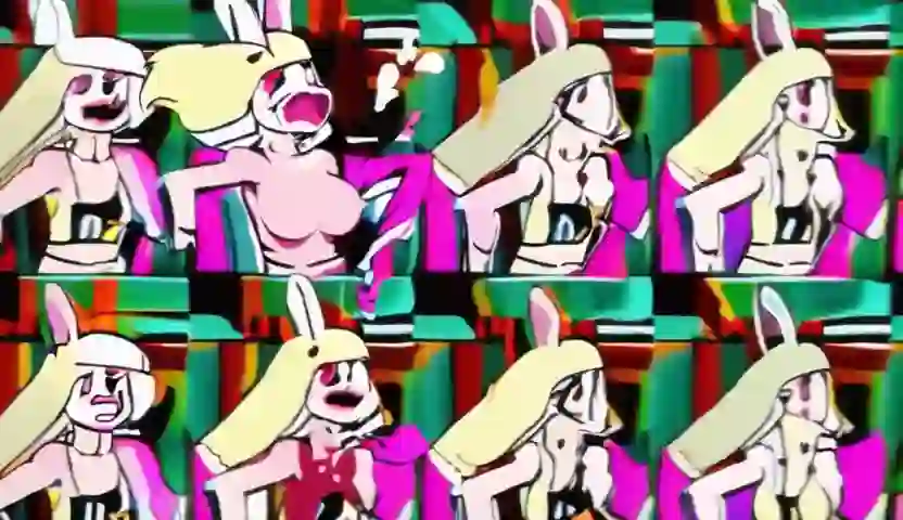 A girl sitting. Suddenly, a bunny hits her breasts from on Wan 2.2 I2V A14B