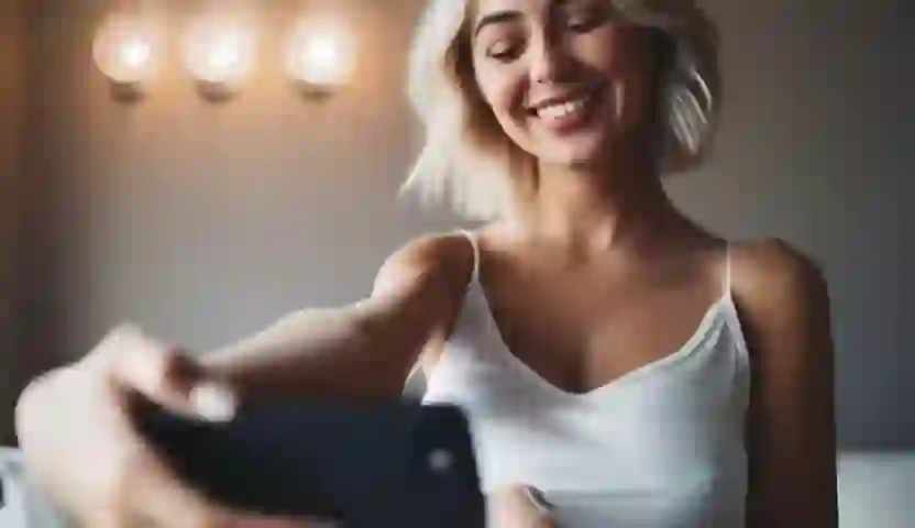 a woman taking a selfie, holding the phone with one on Wan 2.2 I2V A14B